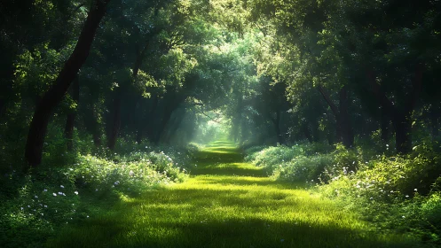 Sunlit Forest Path with Lush Greenery in Photorealistic Style.