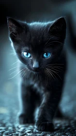 Luminous Shadow: A Black Cat with Electric Blue Eyes.