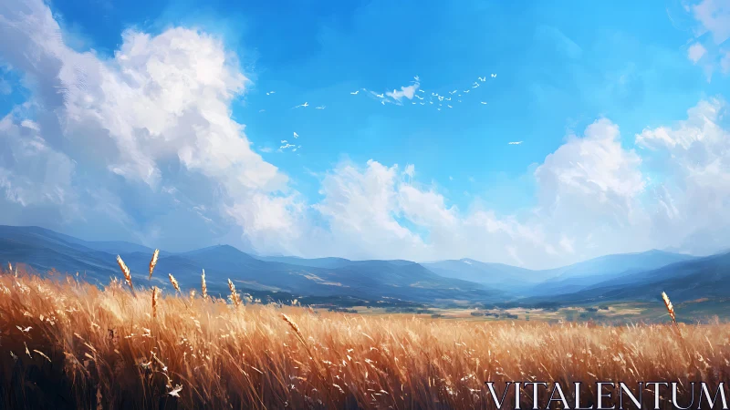 Golden wheat field under vast blue sky and distant hills.