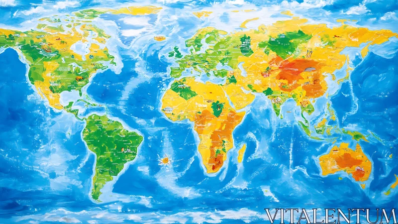 Colorful world map painting highlights continents and oceans.