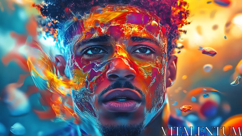 Portrait merges molten color shards with human emotion.