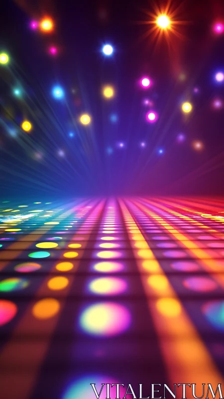 Chromatic disco grid receding in depth with radiant bokeh orbs