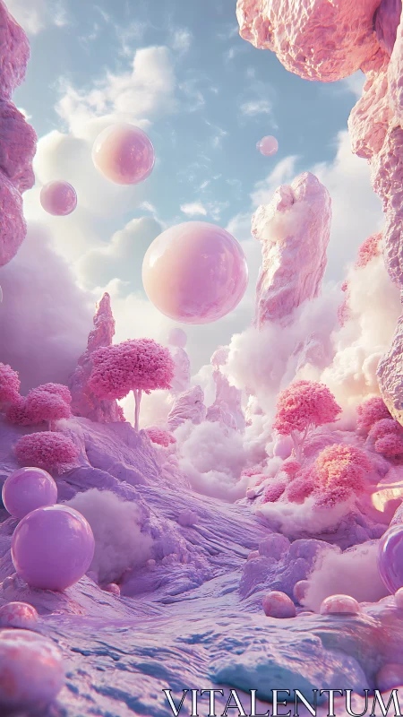 Pastel cloud valley with floating glossy pink spheres.