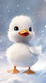 Fluffy White Duckling with Orange Beak in Winter Snowfall Rendering