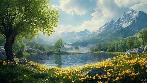 High-fidelity alpine lake landscape with wildflower meadow