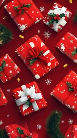 Digital holiday gift pattern with red geometric wrapping forms.