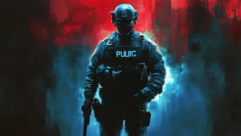 Lone tactical officer walking through red and blue mist.