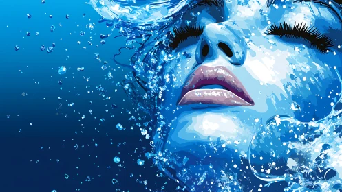 Stylized female face rendered in layered aquatic blue tones