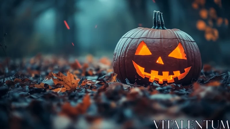 Glowing jack o lantern in damp autumn forest leaf litter at dusk