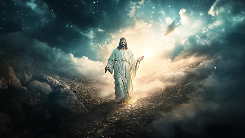 Radiant holy figure walks through glowing celestial clouds