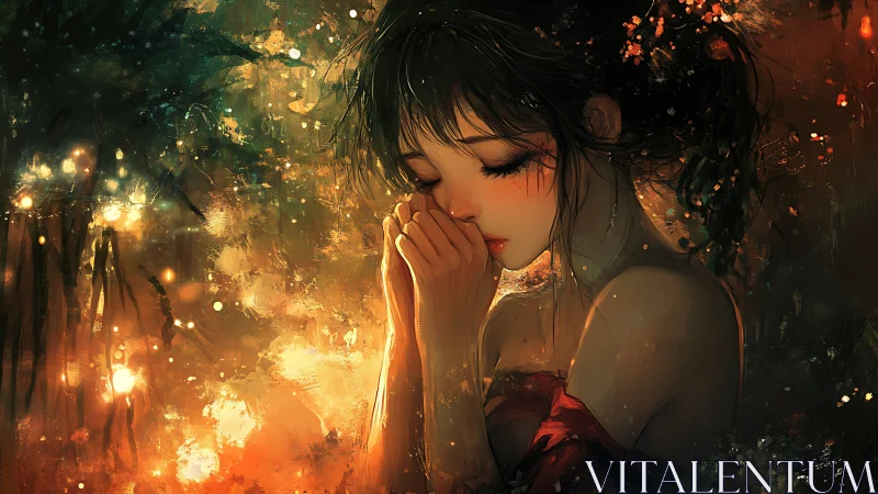Melancholic girl in warm bokeh field rendered as detailed digital painting