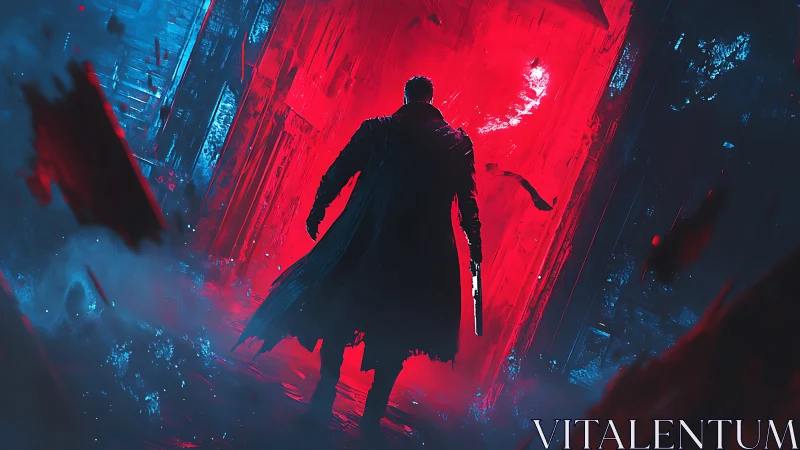 Crimson portal draws a lone wanderer into neon drenched night