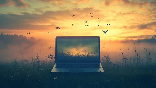 Digital horizon laptop in atmospheric sunset landscape composition.