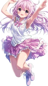 Pink haired anime girl in layered skirt, jumping pose.
