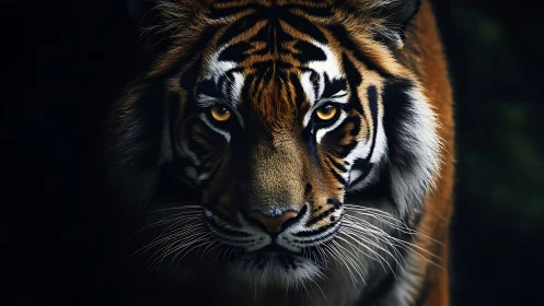 Low-key frontal portrait of tiger with directional rim lighting.