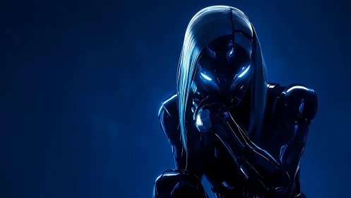 Dark cybernetic humanoid with glowing blue eyes.
