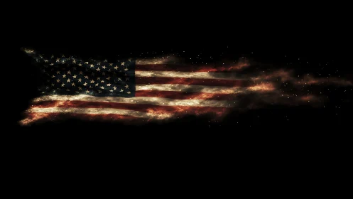 Distressed United States flag dissolving into embered particles.
