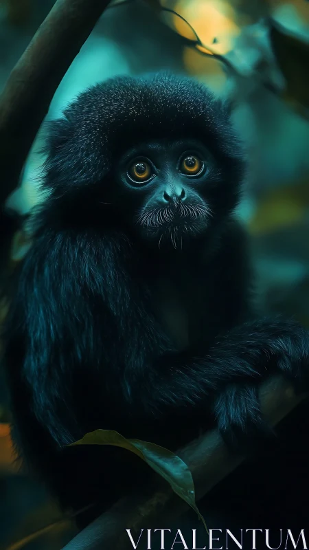 Photorealistic portrait of black monkey in teal jungle light.