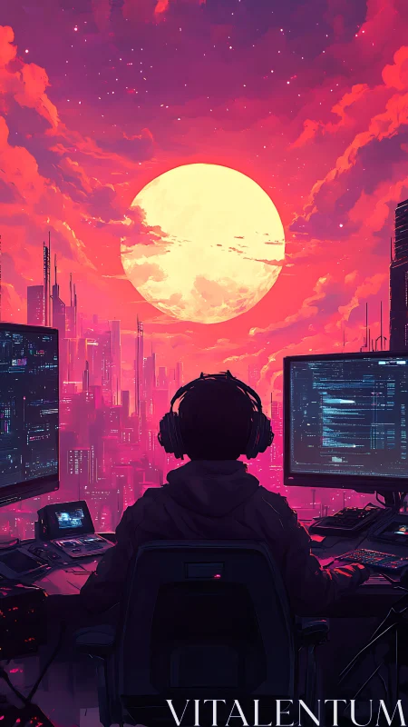 Solitary workstation overlooks dense neon city and large moon