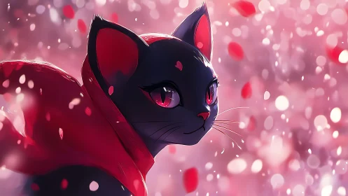 Black Cat with Magenta Eyes in Pink Luminous Environment