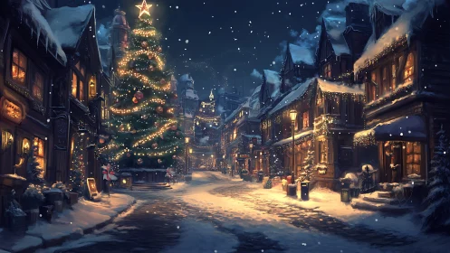 Snowy village street with large decorated Christmas tree.