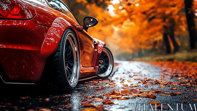 Red sports coupe waits on wet autumn road under fiery trees