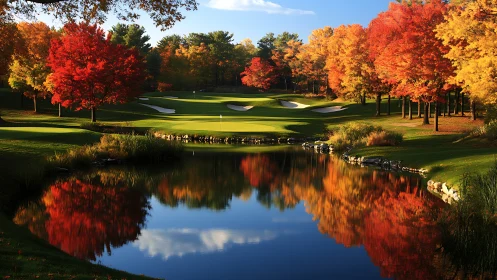 Glowing autumn golf course rests beside a mirror-still pond