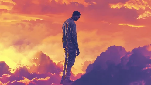 Solitary figure above glowing clouds at vivid sunset sky.