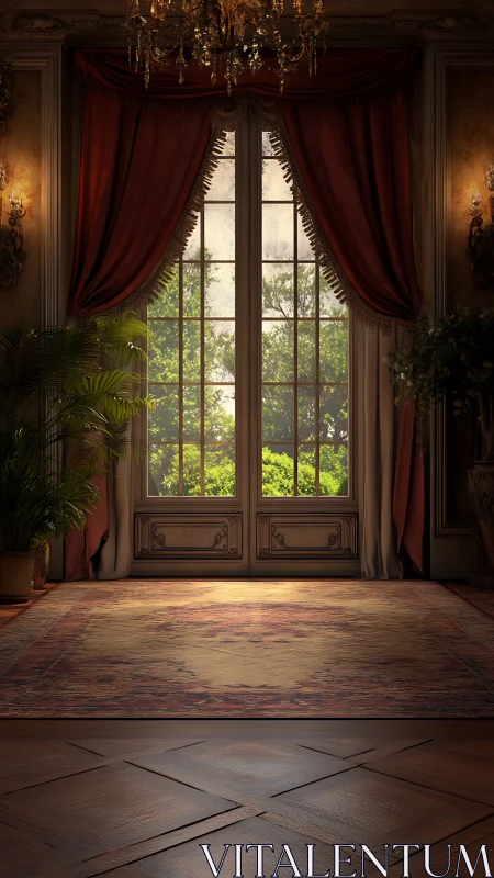 Sunlit garden view framed by warm, elegant red curtains.