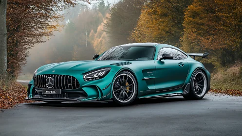 Teal Mercedes-AMG GT staged in overcast forest roadway environment