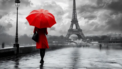Red umbrella stroll in rainy Paris beside the Eiffel Tower.