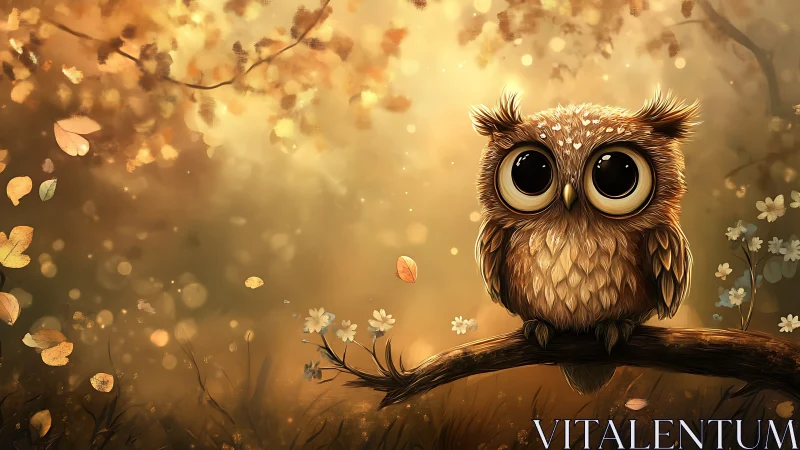 Cute big-eyed owl on a branch in dreamy autumn forest illustration.