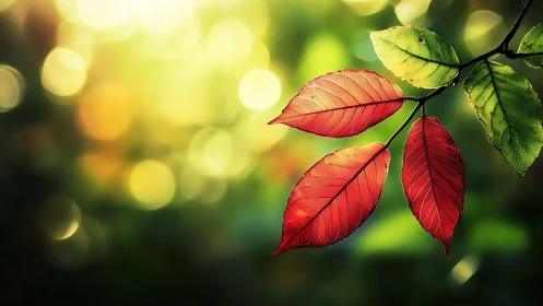 Sunlit red leaves whisper against a dreamy bokeh forest.