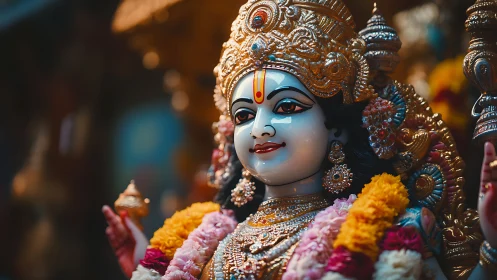 Polychrome Hindu deity statue with ornate garlanded adornments