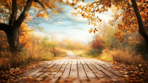 Wooden path through autumn trees under diffused daylight.