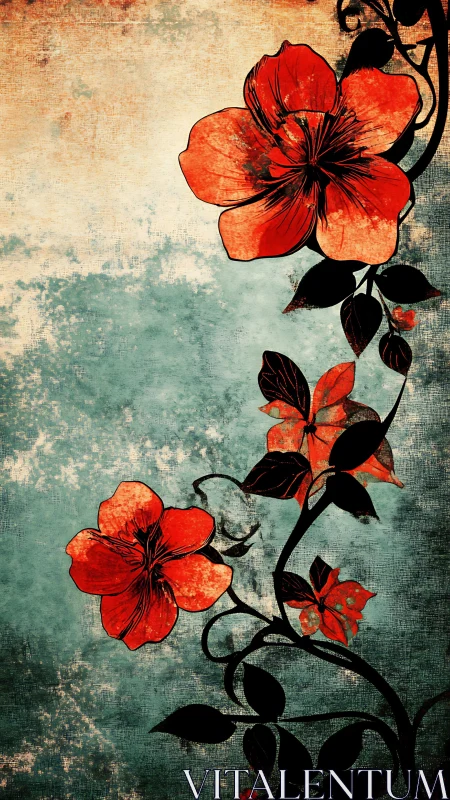 Red blossoms climb against distressed teal canvas wall.