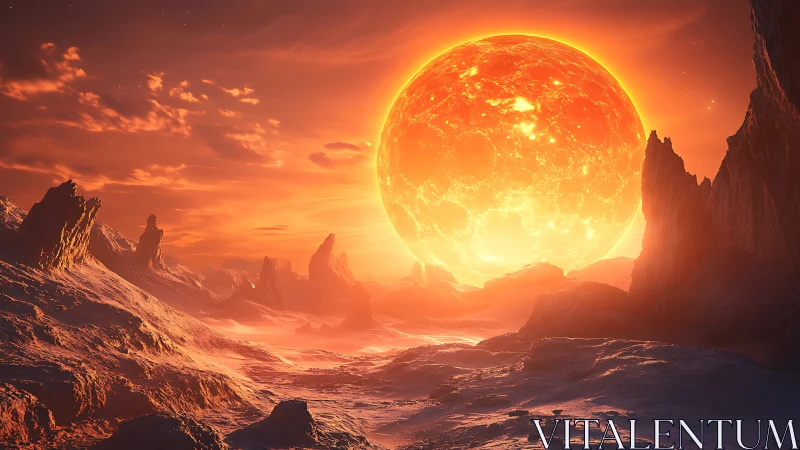 Glowing alien sun setting over a warmly lit red desert.