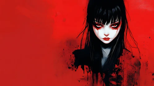 Red background goth portrait with smeared black digital ink