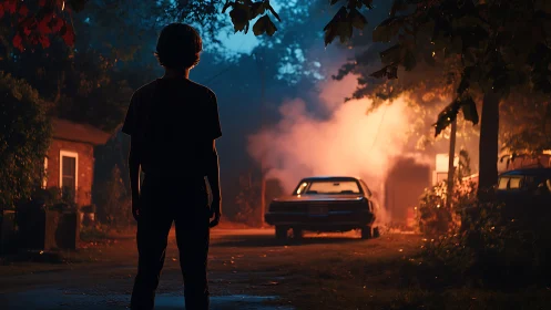 Silhouetted figure confronting burning car at dusk.