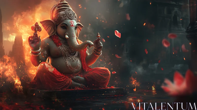 Majestic Ganesha idol glows amid swirling fire and petals