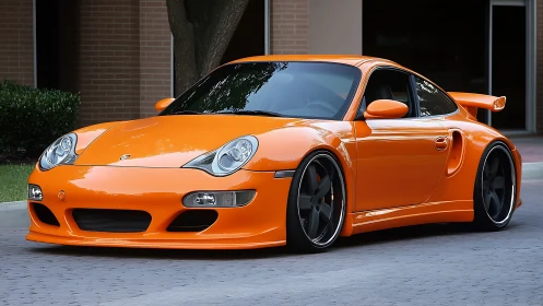 Photorealistic widebody orange sports coupe with low stance.