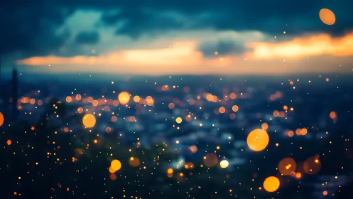 Defocused cityscape with dispersed warm bokeh lights at dusk.
