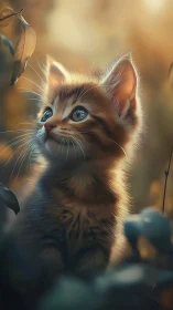 Juvenile feline specimen observed among botanical elements.