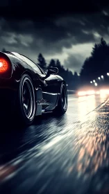 Sleek sports car racing on wet highway at night.