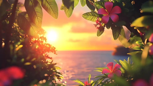 Tropical shoreline sunset framed by foliage and flowers.