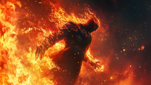 Inferno-born titan strides through a storm of living flame.