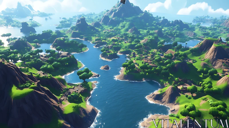 Emerald Valley Archipelago with Verdant Cliffs and Luminous Waters.