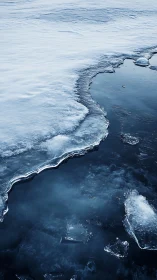 Quiet frozen shoreline meets deep blue winter water gently