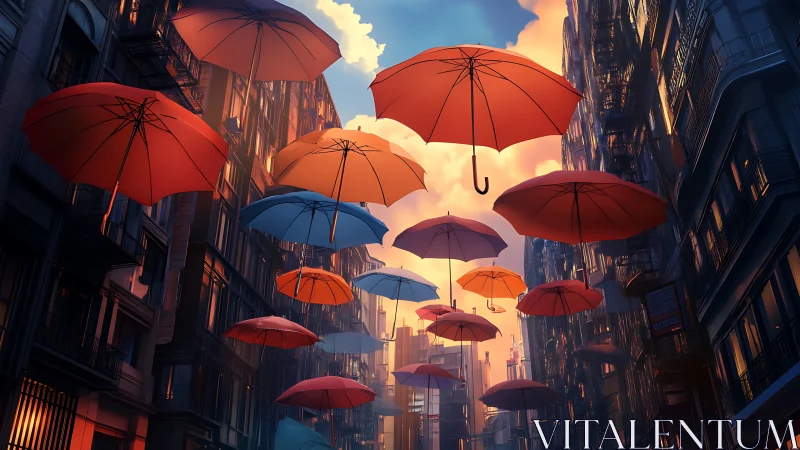 Floating umbrellas drift through a sunlit city canyon.