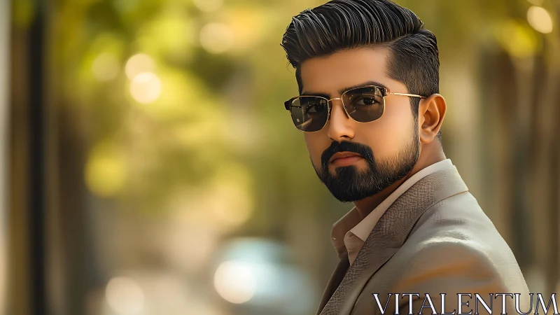 Stylized male portrait in warm bokeh street environment